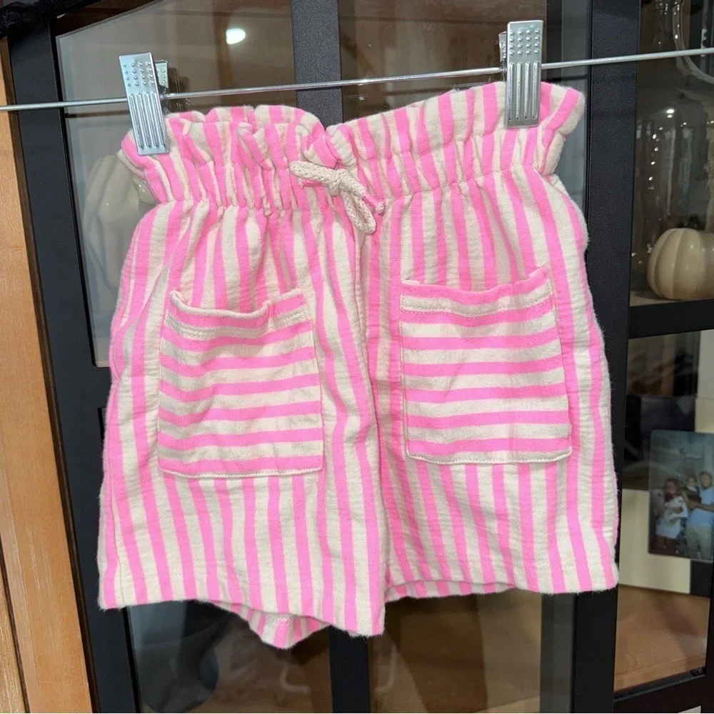 Zara Kids beige neon pink striped shorts elastic paperbag waistband pockets girl
